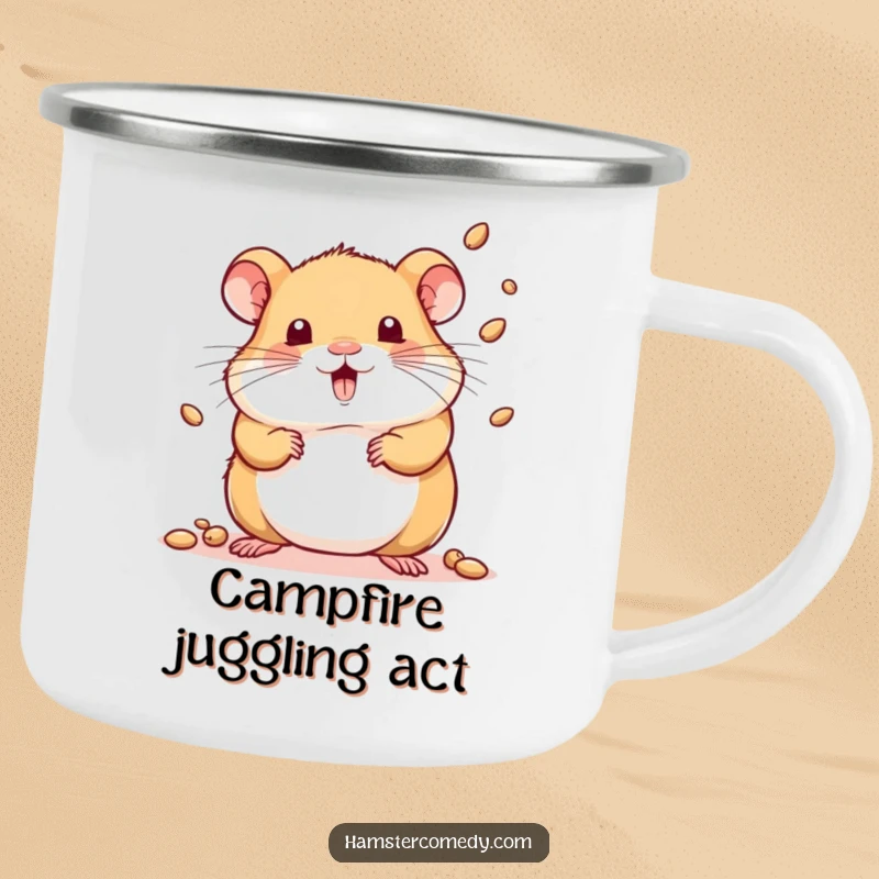 Funny camping mug with a kawaii hamster juggling tiny seeds, for outdoor moments of fun.