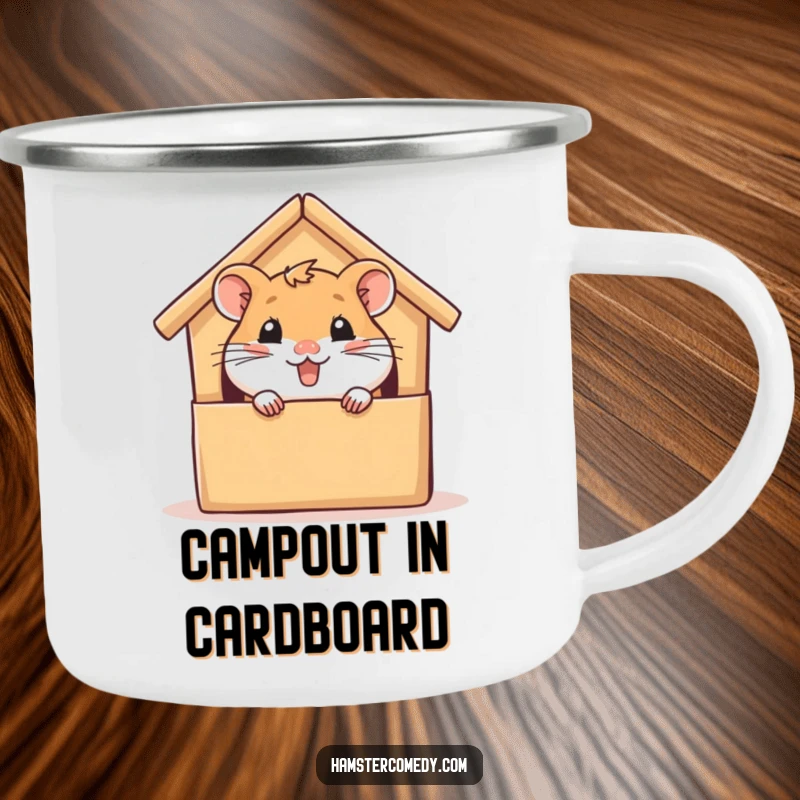 Funny hamster camping mug, peeking from a cardboard house with glee, durable for outdoor use, a humorous and practical gift.