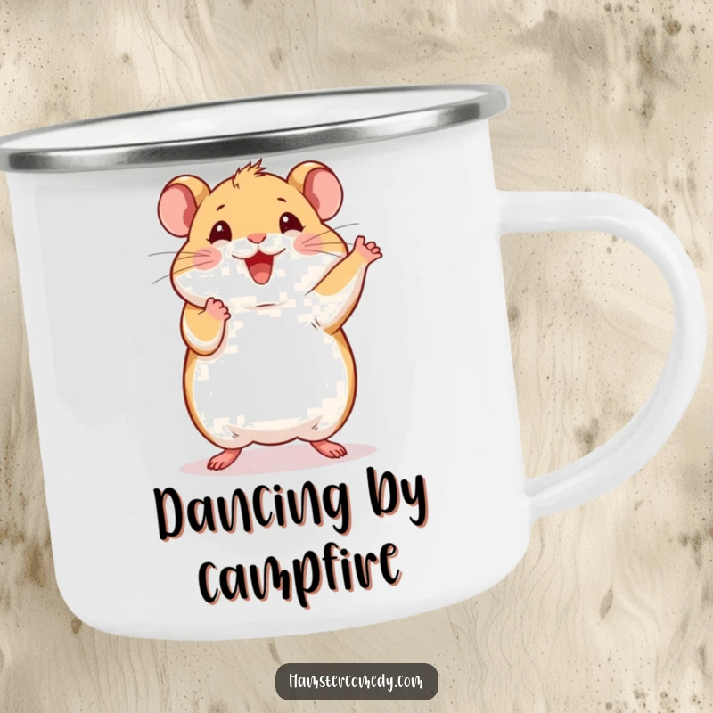 Sturdy camping mug featuring a funny hamster doing a happy dance with paws in the air, designed for outdoor fun.