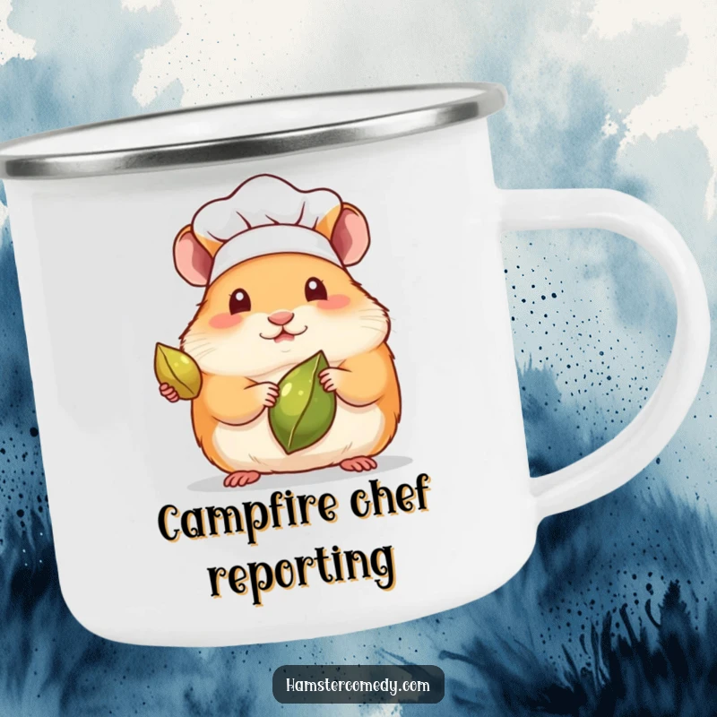 Funny camping mug with a kawaii hamster chef in a hat, presenting a seed, for outdoor kitchen fun.