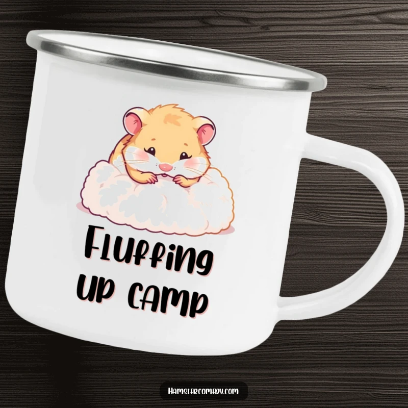 Funny hamster camping mug featuring a hamster artistically digging in a fluffy mound, designed for outdoor enjoyment and humor.