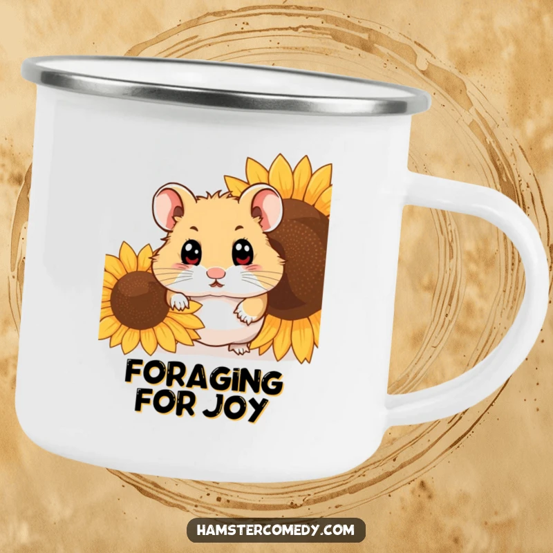 Funny hamster peeking from behind a sunflower seed, holding a camping mug, ready for adventure, ideal gift.