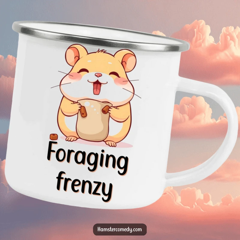 Funny hamster hoarding camping mug with a character stuffing cheeks, durable and humorous for outdoor meals, great funny gift.