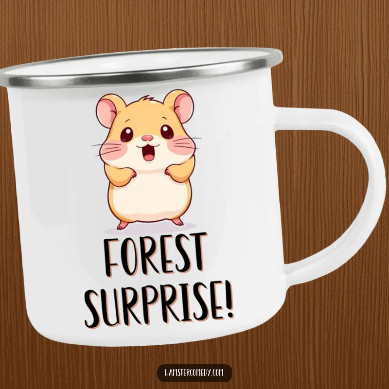Funny Kawaii Hamster Camping Mug: A sturdy enamel mug with a surprised kawaii hamster illustration, ready for outdoor fun.