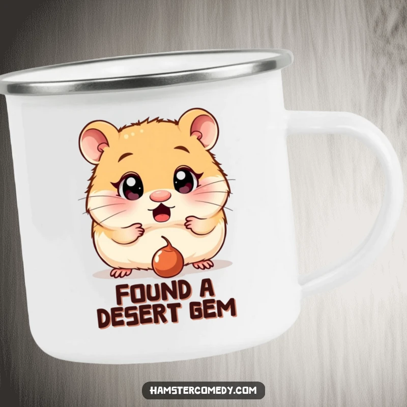 Funny Camping Mug: A hamster with wide, surprised eyes is fixated on a dropped raisin, a humorous scene for outdoor lovers.
