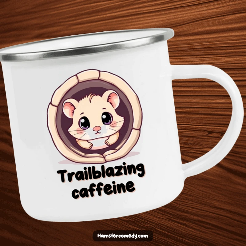 Funny kawaii hamster camp mug showing a cute hamster with big, curious eyes exploring a tunnel, ideal for outdoor use.