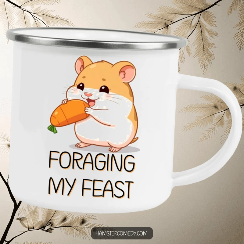Funny hamster carrying a large carrot, determined look, sturdy camping mug, ideal funny gift.