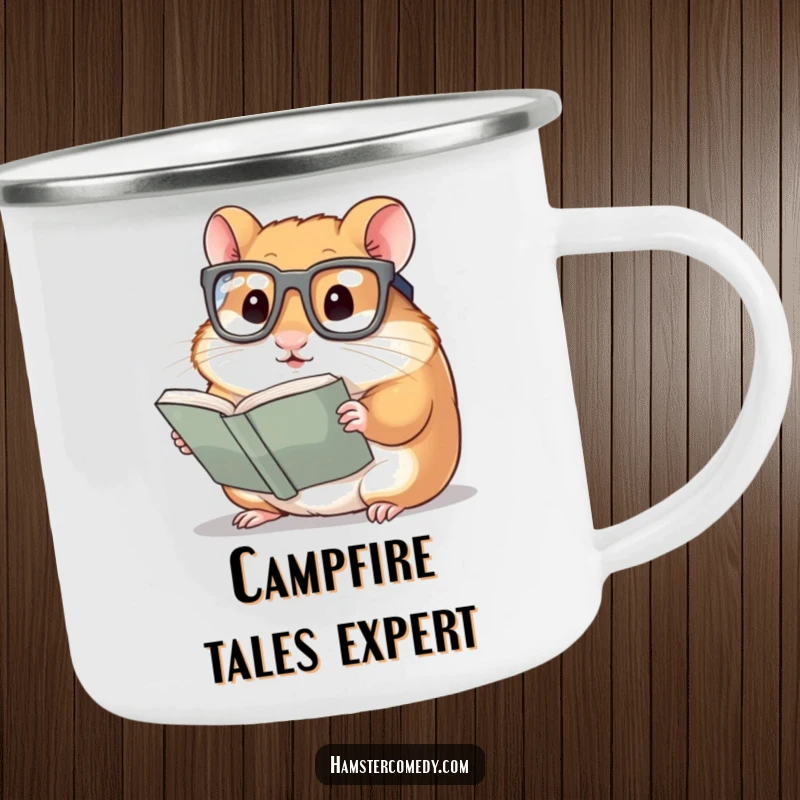 Funny Hamster Camping Mug: A hamster wearing large glasses, intently reading a tiny book, designed for durability and scholarly amusement.