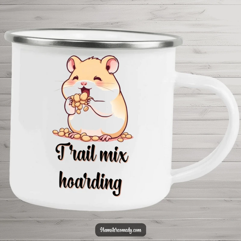 Funny Hamster Camping Mug: A cute hamster with bulging cheeks packed with seeds, designed for durability and outdoor amusement.