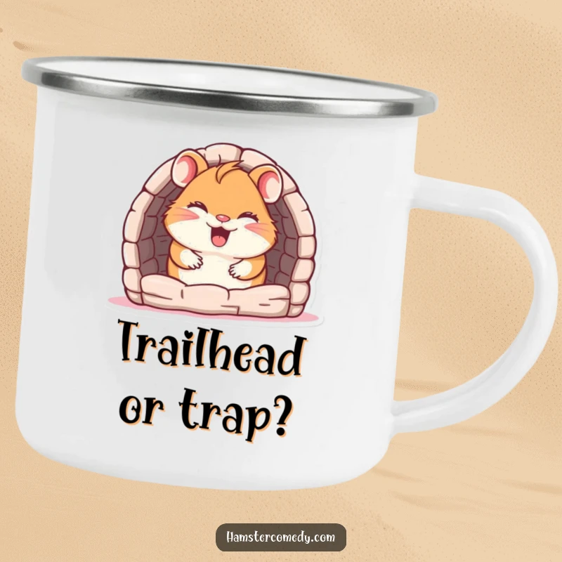 Funny Camping Mug: A giggling hamster peeks from a maze, ready for outdoor fun and hot beverages.