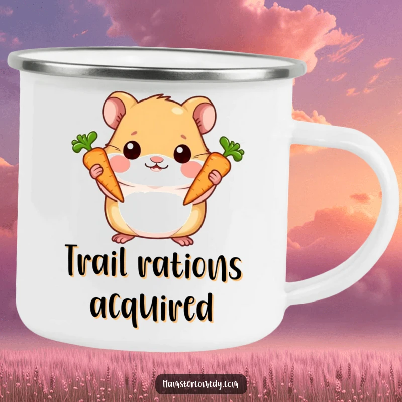 Funny camping mug with a hamster proudly holding two carrots, symbolizing achievement and a love for the outdoors.