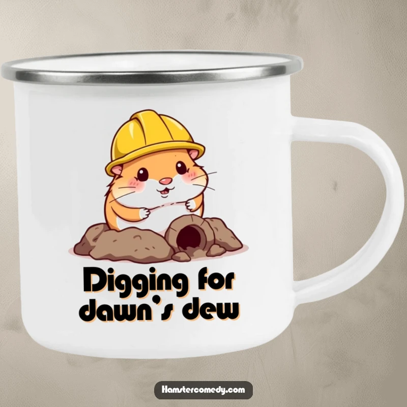 Funny Hamster Camping Mug: A construction-themed hamster humorously digs a small tunnel, perfect for outdoor laughs and drinks.