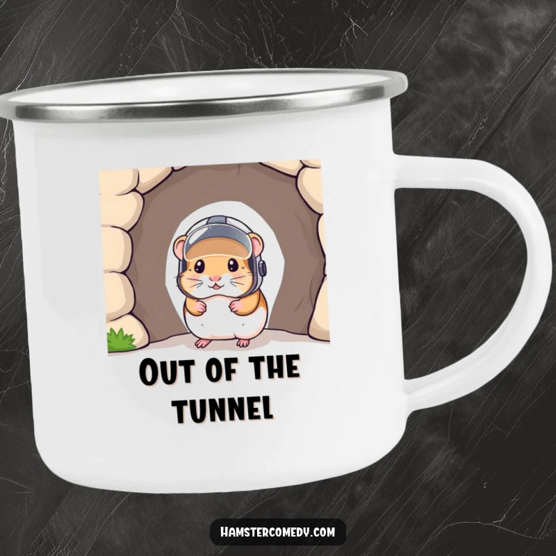 Funny camping mug featuring a hamster in a tiny helmet peeking out from a tunnel, perfect for enjoying drinks outdoors humorously.