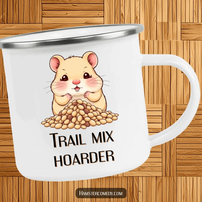 Durable funny hamster camping mug, cheeks comically stuffed with seeds, hoarding a large pile, ready for outdoor adventures.