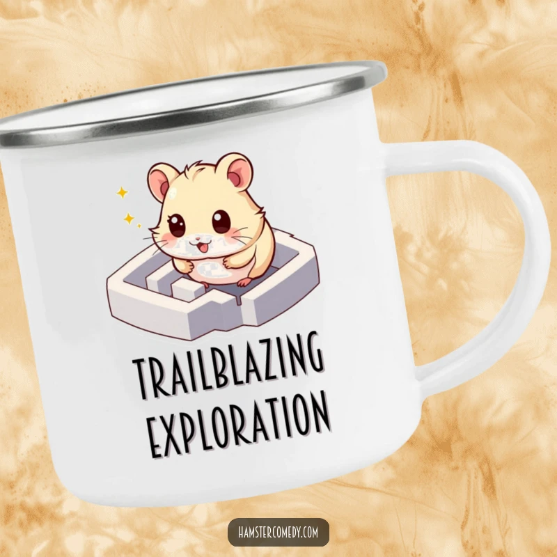 Funny hamster maze camping mug with a character exploring, durable and humorous for outdoor exploration, great funny gift.