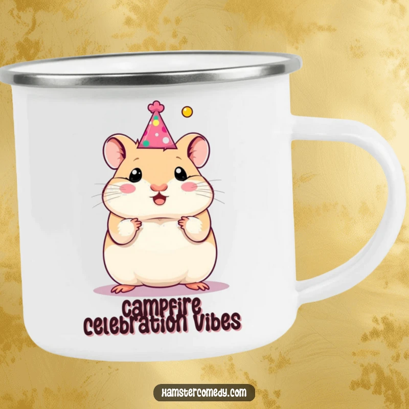 Funny hamster with a party hat, ready for adventure on a camping mug, perfect for outdoor celebrations and as a funny gift.