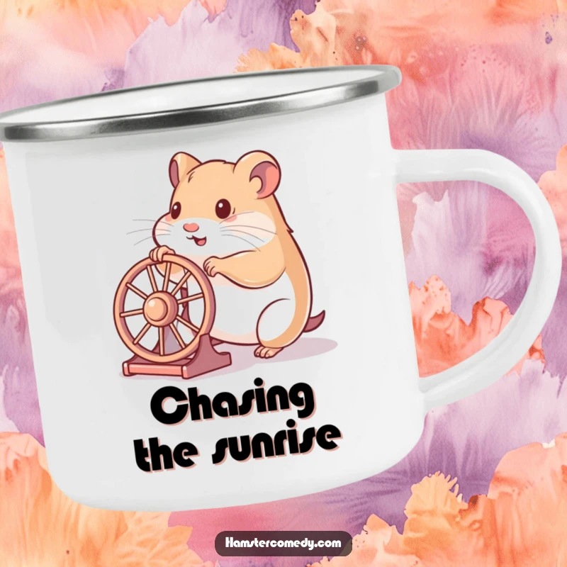 Funny hamster camping mug showing a hamster playfully pushing a wheel, ready for outdoor activity and warm beverages.