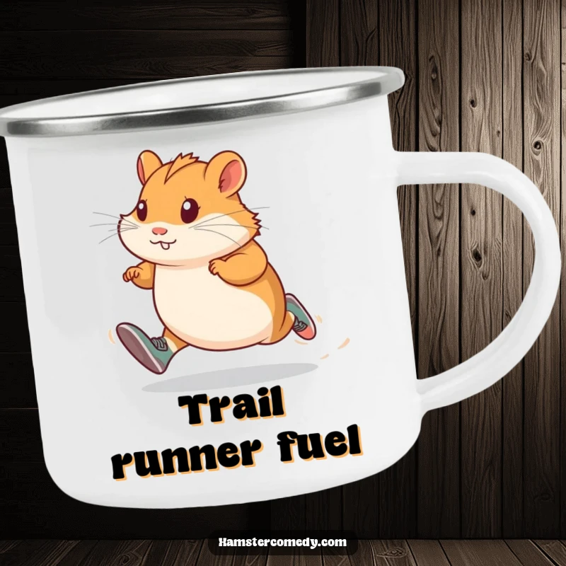Durable funny hamster runner camping mug, wearing tiny shoes and sprinting with determination, ready for outdoor motivation.