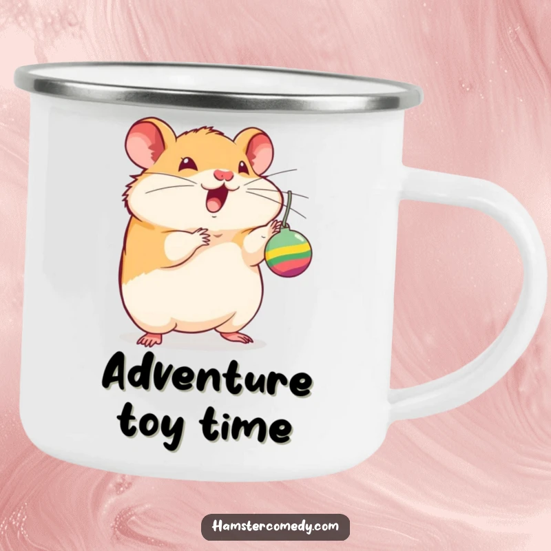 Funny hamster camping mug, batting at a dangling toy with excitement, durable for outdoor use, a humorous and practical gift.