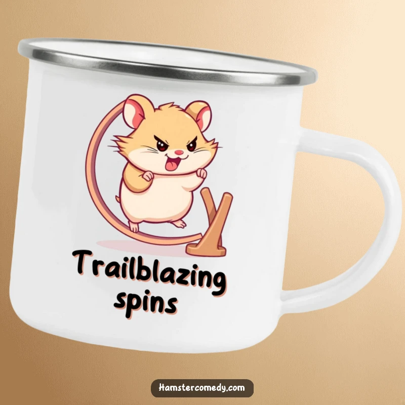 Funny hamster wheel camping mug with a character sprinting, durable and humorous for outdoor motivation, great funny gift.