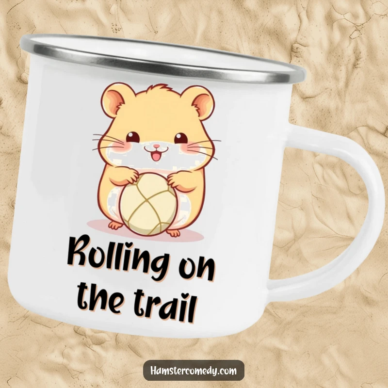 Funny Kawaii Hamster Camping Mug: Cute hamster focused on rolling a small ball with its paws, perfect for fueling outdoor adventures.