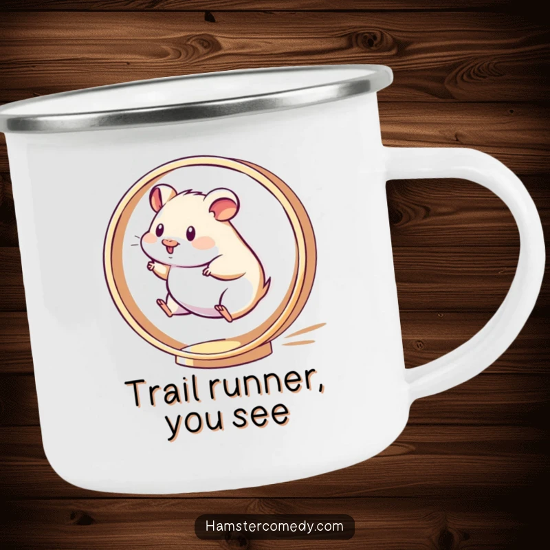 Funny Kawaii Hamster Camping Mug showing a hamster running energetically on a spinning wheel, perfect for outdoor fun.