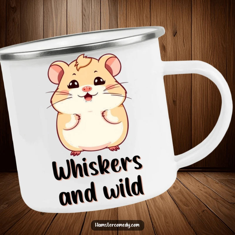 Funny Kawaii Hamster Camping Mug with a hamster making a funny face and wiggling whiskers, for humorous outdoor adventures.
