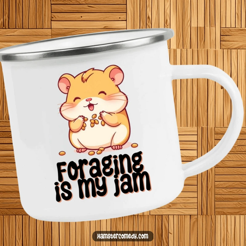 Funny Kawaii Hamster Camping Mug showing a hamster stuffing its cheeks with seeds, perfect for outdoor fun.
