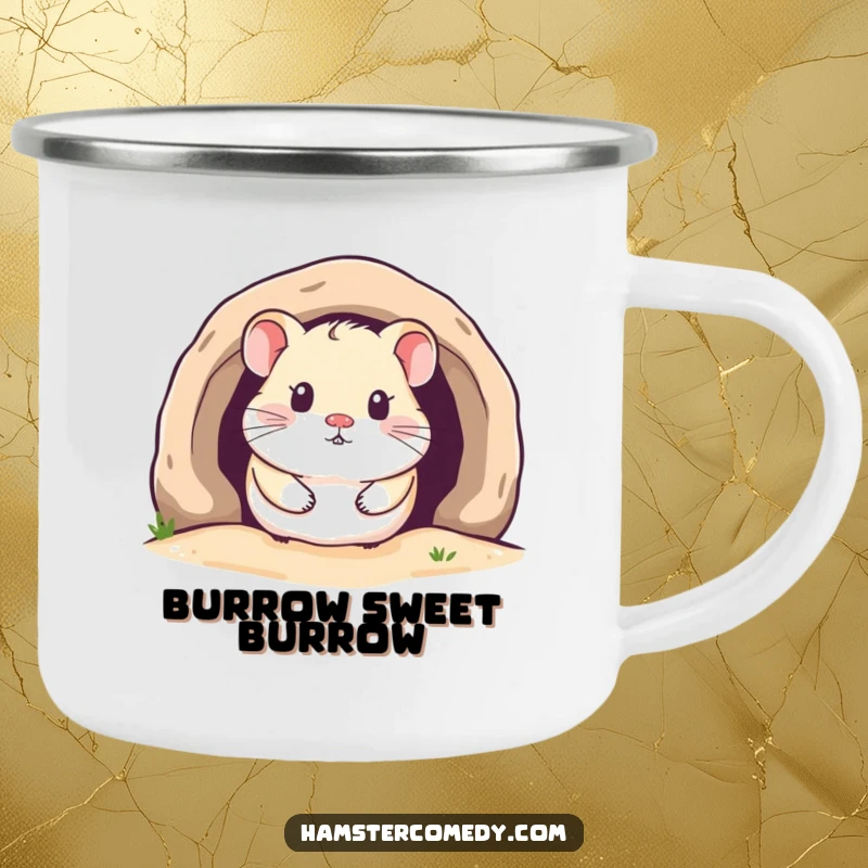 Funny Kawaii Hamster Camping Mug with a cute hamster peeking from a cozy burrow, for humorous outdoor excursions.