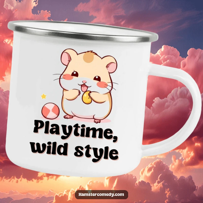 Funny Kawaii Hamster Camping Mug showing a cute hamster playfully batting at a small toy, perfect for outdoor fun and humor.