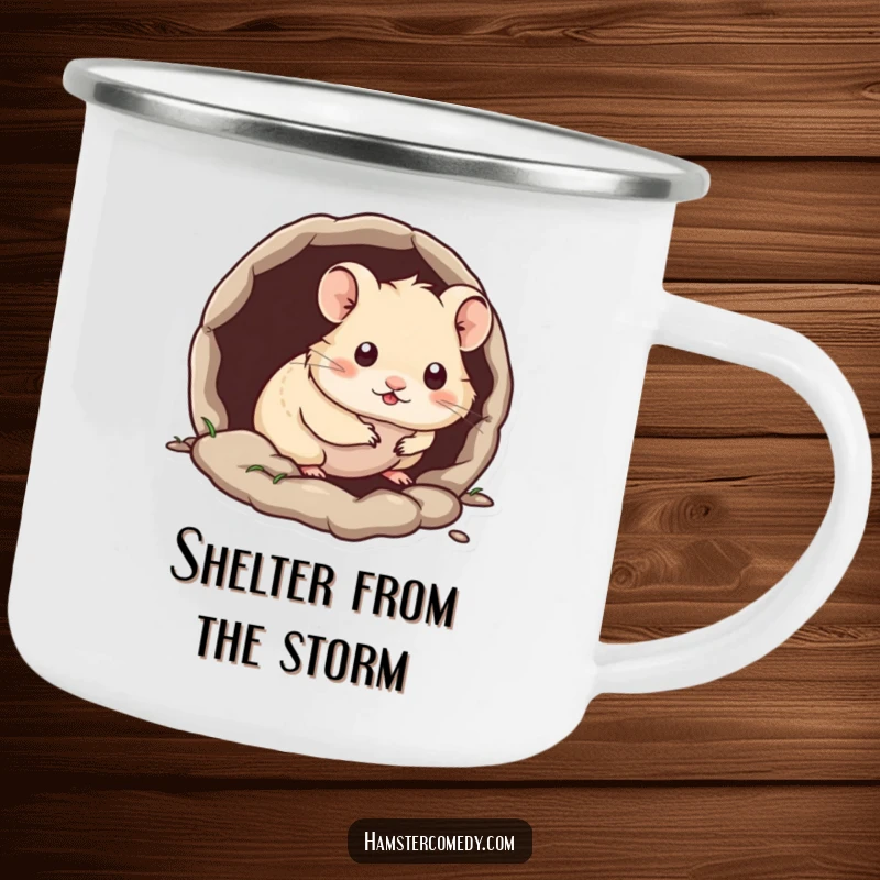 Funny Kawaii Hamster Camping Mug showing a hamster peeking out from a tiny burrow, perfect for cozy outdoor moments.