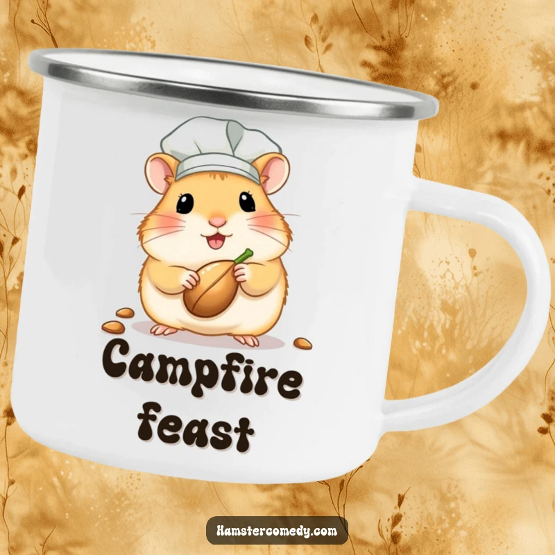 Funny kawaii hamster chef camp mug showing a cute hamster in a chef hat, presenting a seed, ideal for outdoor use.