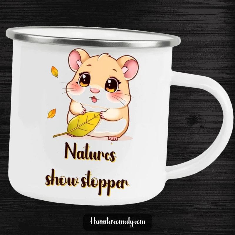 Funny Kawaii Hamster Camping Mug: Cute hamster with curious eyes watching a falling leaf, ready for any outdoor adventure.