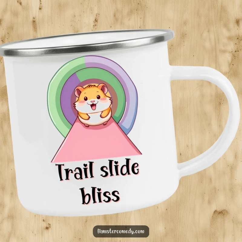 Funny hamster camping mug featuring a smiling hamster sliding down a colorful tunnel, designed for outdoor enjoyment and humor.