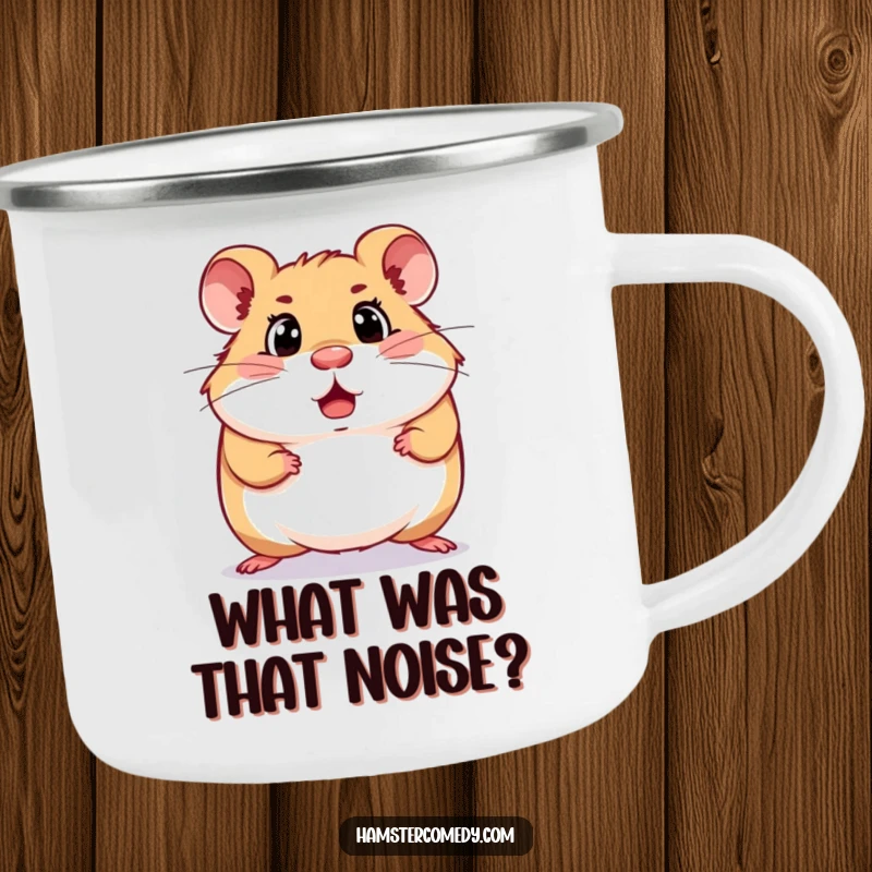 Funny surprised hamster camping mug showing a hamster mid-scurry with a shocked face, ready for outdoor brews and laughs.