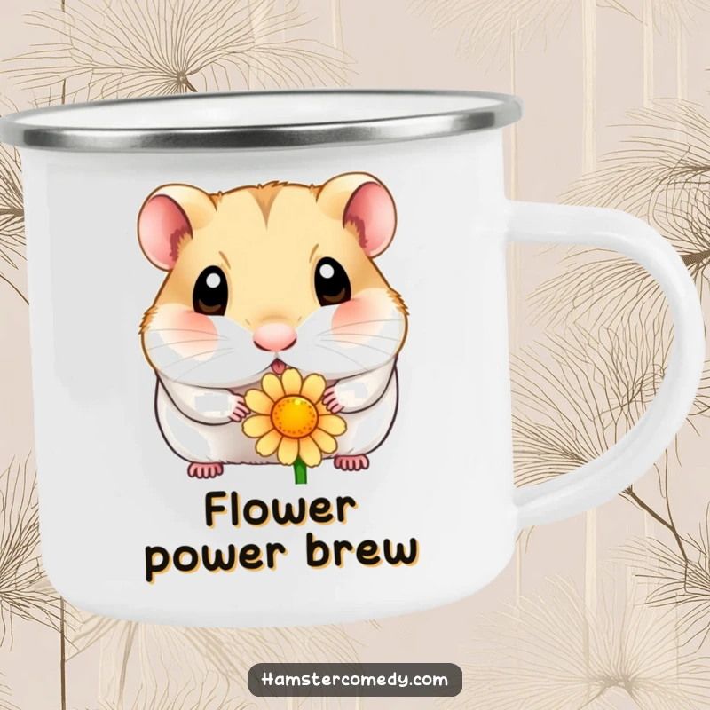 Funny hamster camping mug with a curious, wide-eyed hamster sniffing a delicate flower, designed for nature lovers seeking charm.