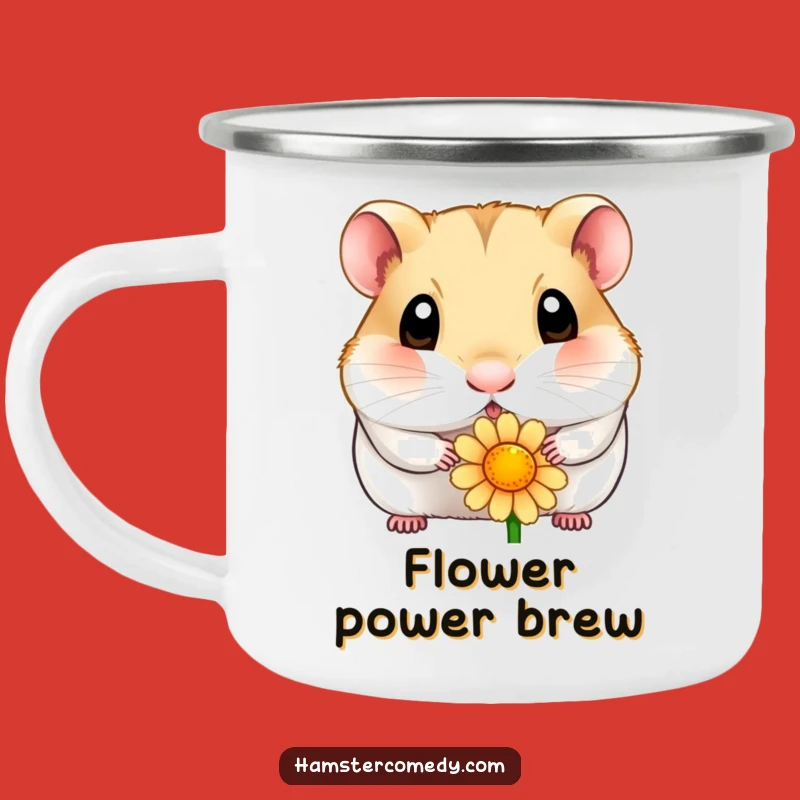 Funny Wide-Eyed Hamster Flower Camping Mug - Explore Nature with Curious Charm