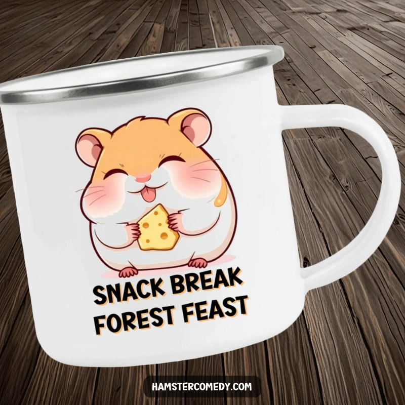 Funny hamster camping mug, eyes closed, happily munching cheese, ready for outdoor adventures and tiny treat enjoyment.