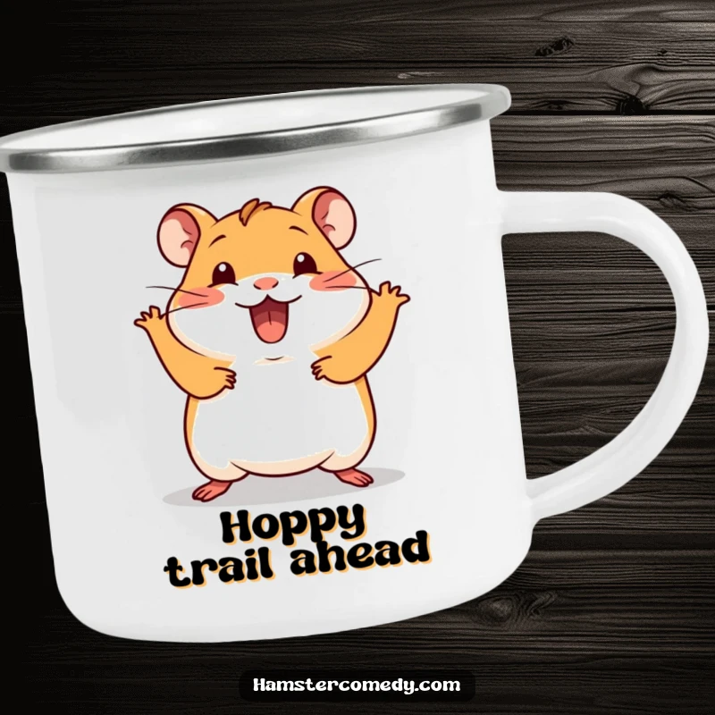 Funny Kawaii Hamster Camping Mug showing a cute hamster doing a silly hop with excitement, perfect for outdoor fun and humor.