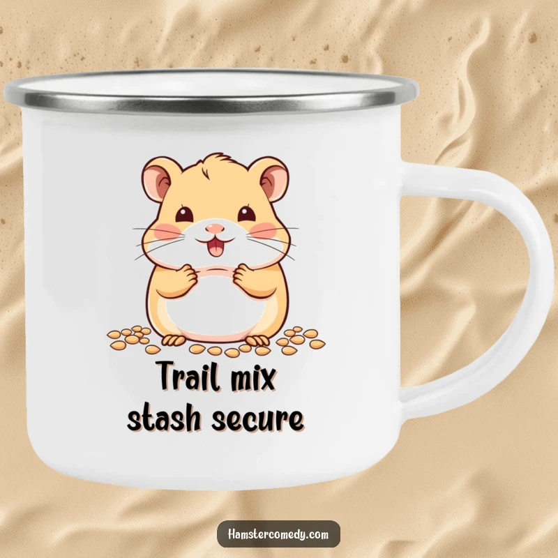 Cute kawaii hamster with overstuffed cheeks, happily eating seeds, on a durable camping mug.
