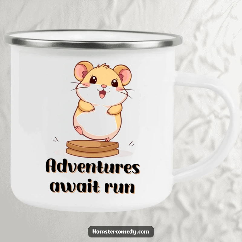 Cute kawaii hamster running on a wheel, on a durable camping mug, symbolizing energy and activity.