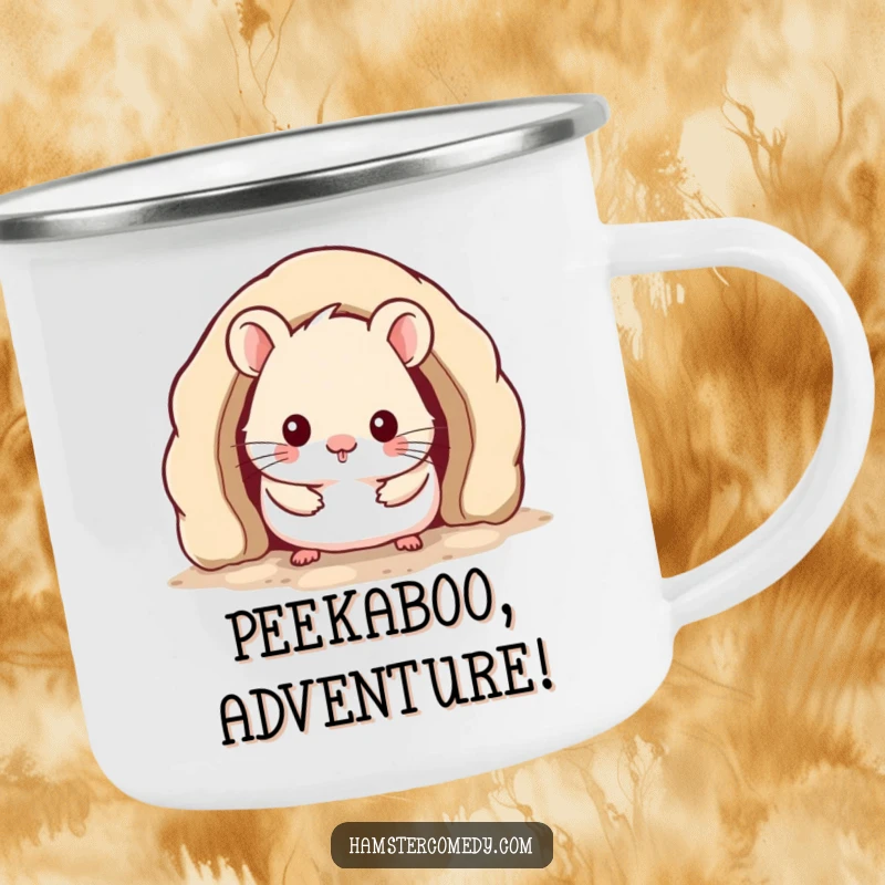 Funny Kawaii Hamster Camping Mug showing a cute hamster peeking from a cozy burrow, perfect for outdoor adventures and humor.