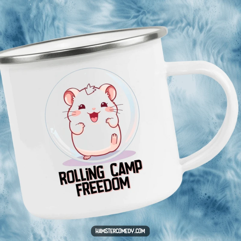 Funny Hamster Camping Mug, an excited character happily rolling inside a transparent ball, durable and fun.