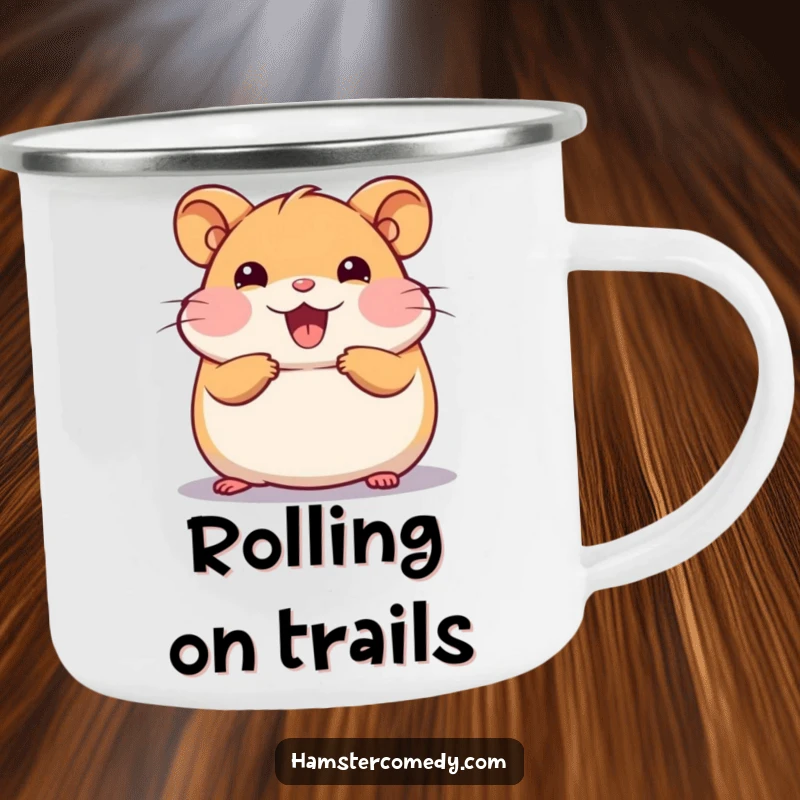 Funny Kawaii Hamster Camping Mug with a cute hamster doing a happy roll, for humorous outdoor enjoyment.