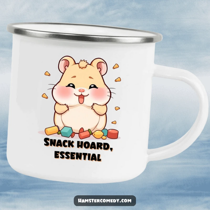 Funny Hamster Camping Mug with full cheeks comically hoarding items, durable for outdoor use and travel.