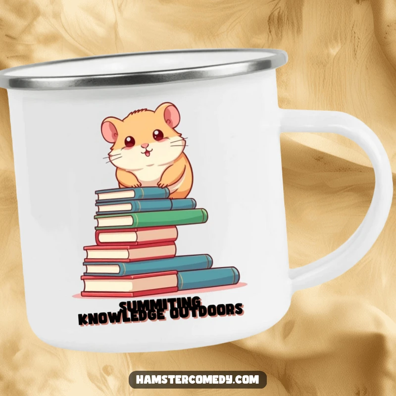 Funny Hamster Camping Mug: A determined hamster humorously climbs a tall stack of tiny books, perfect for outdoor literary fun.