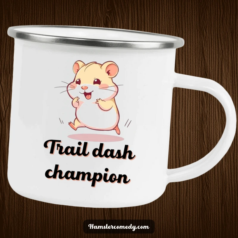 Funny Camping Mug: A hamster is in a silly, speedy dash with a playful twitch, a humorous scene for outdoor enthusiasts.