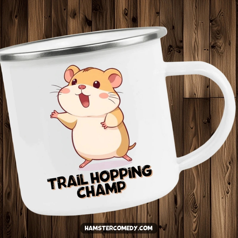 Funny hamster mid-hop, back legs stretched, sturdy camping mug, ideal funny gift.