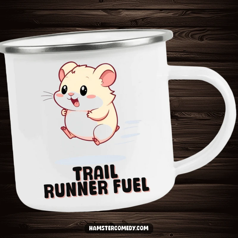 Funny Kawaii Hamster Camping Mug: A cute hamster runs fast on a wheel, ideal for enjoying beverages during outdoor adventures with a smile.