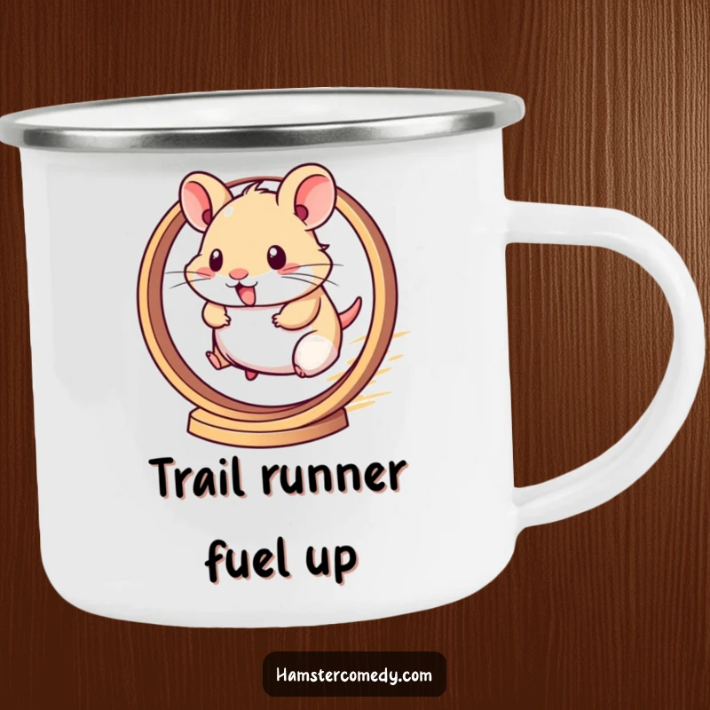 Funny camping mug with a kawaii hamster sprinting on a wheel, designed for outdoor fun and laughter.